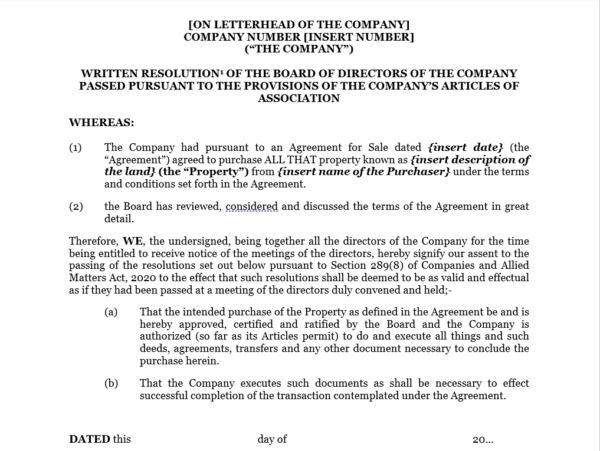 Board Resolution where a Company is buying Property - (Circular Resolution)