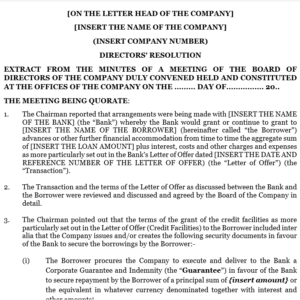 Board Resolution where a Company is guaranteeing a third-party loan